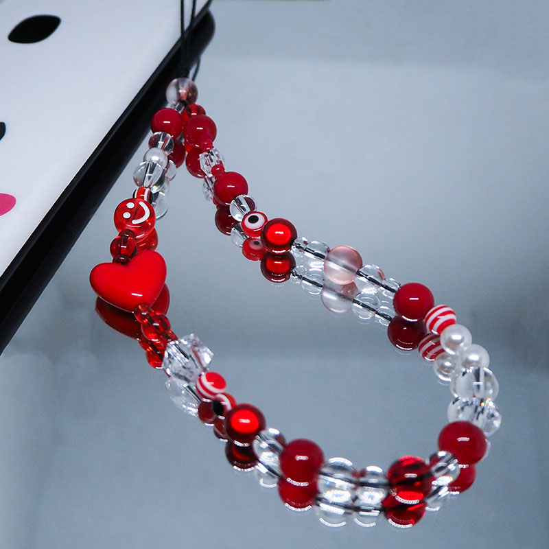 Pearl Trim Chain - Gantungan kunci ponsel Y2k, merah bening